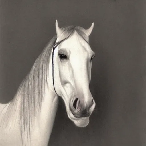 Image similar to painting of a glorious horse head, editorial fashion photography, black and white, by łempicka