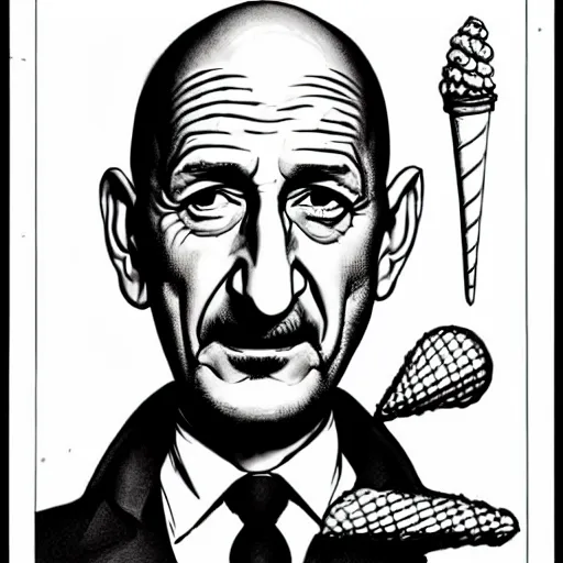 Prompt: ben kingsley is an ice cream ball in an ice cream cone. caricature, colorful ink, by moebius