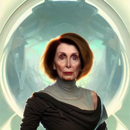 Prompt: Nancy Pelosi cyborg from another dimension, cinematic lighting, intricate, elegant, highly detailed, digital painting, artstation, sharp focus, illustration, art by artgerm and greg rutkowski and alphonse mucha and Wayne Barlowe and william-adolphe bouguereau