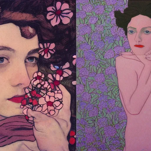 Image similar to a lot of flowers morphing in a beautiful girls face, film still by wes anderson, depicted by schiele, limited color palette, very intricate, art nouveau, highly detailed, lights by hopper, soft pastel colors, minimalist