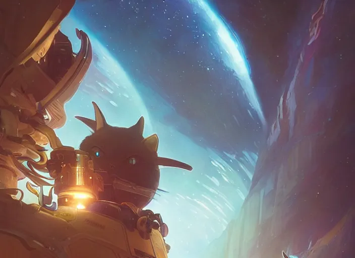 Image similar to a space cat staring role in a musical sci - fi space opera ghibli animated film, volumetric lighting, octane render by stanley artgerm lau, greg rutkowski, thomas kindkade, alphonse mucha, loish, norman rockwel,