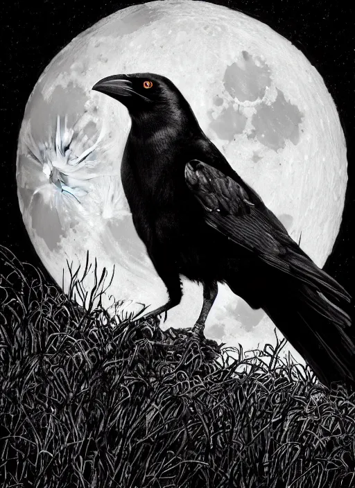 Image similar to portrait, A crow in front of the full big moon, book cover, red white and black colors, establishing shot, extremly high detail, foto realistic, cinematic lighting, pen and ink, intricate line drawings, by Yoshitaka Amano, Ruan Jia, Kentaro Miura, Artgerm, post processed, concept art, artstation, matte painting, style by eddie mendoza, raphael lacoste, alex ross