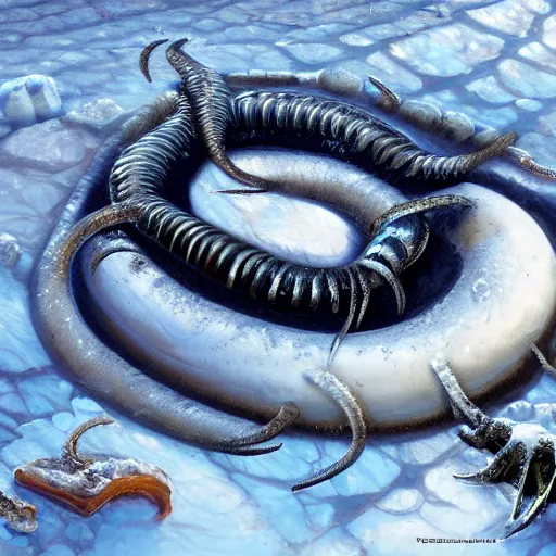 Image similar to giant jello worm in a icy desert, ice, snow, cold, by the tony sart and hr giger, artstation