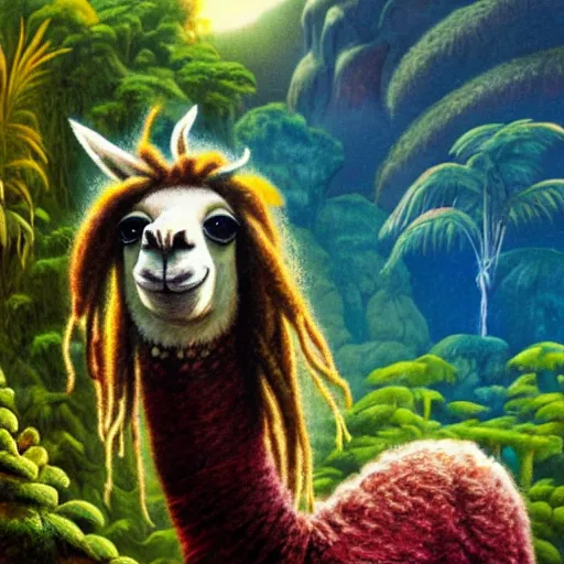 Image similar to llama with dreadlocks, smooth light, jungle in background, by Paul Lehr, detailed, macro