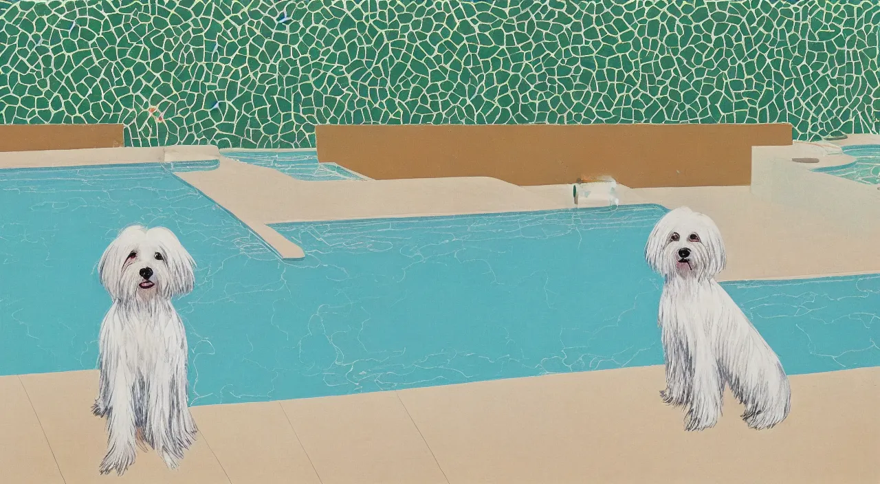 Image similar to a cream colored havanese dog at the swimming pool at a mid century modern house in palm springs by david hockney