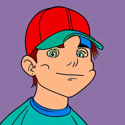 Prompt: boy wearing a cap, from 90s cartoon, at night, colorfilled lineart