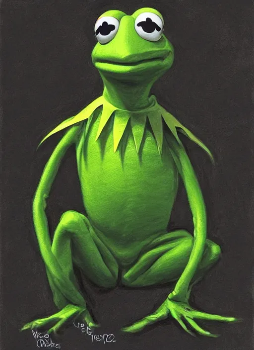 Image similar to portrait of Kermit the frog in ExistenZ (1999), highly detailed, centered, solid color background, digital painting, artstation, concept art, smooth, sharp focus, illustration, artgerm, donato giancola, Joseph Christian Leyendecker, Les Edwards, Ed Repka, WLOP, Artgerm