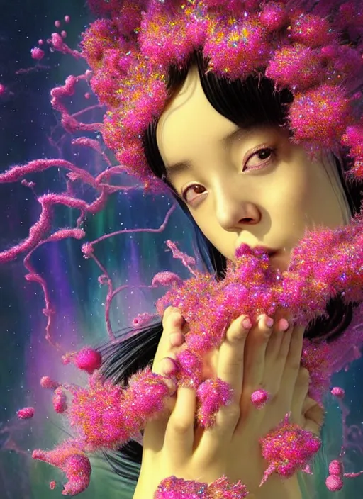 Image similar to hyper detailed 3d render like a Oil painting - kawaii action portrait Aurora (black haired Fae acrobat) seen Eating of the Strangling network of yellowcake aerochrome and milky Fruit and Her delicate Hands hold of gossamer polyp blossoms bring iridescent fungal flowers whose spores black the foolish stars by Jacek Yerka, Mariusz Lewandowski, Houdini algorithmic generative render, Abstract brush strokes, Masterpiece, Edward Hopper and James Gilleard, Zdzislaw Beksinski, Mark Ryden, Wolfgang Lettl, hints of Yayoi Kasuma, octane render, 8k