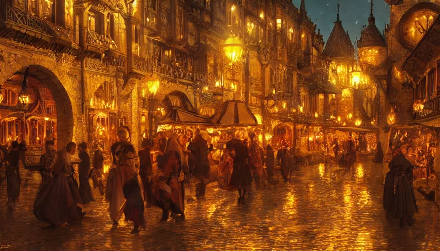 Prompt: medieval city festival near lake at night, beautiful lit lamps, 8 k highly detailed art, intricate, stanley lau, artgerm, artstation, smooth, far shot, wlop, alphonse mucha, cinematic shot, cinematic lighting