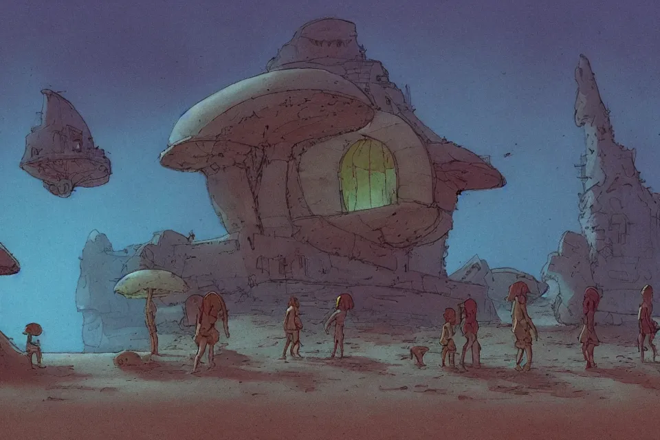 Image similar to sci-fi fi scene of a seashell where the deserted kids live, in the style of john harris and roger deakins by moebius