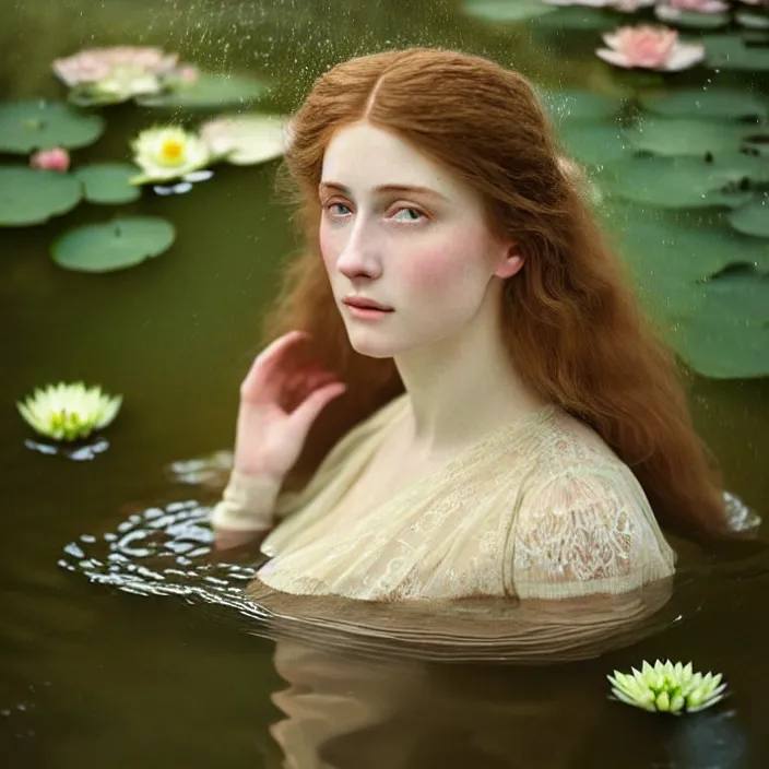 Image similar to Kodak Portra 400, 8K, soft light, volumetric lighting, highly detailed, britt marling style 3/4 ,portrait photo of a beautiful woman how pre-Raphaelites painter, the face emerges from the water of a pond with water lilies, a beautiful lace dress and hair are intricate with highly detailed realistic beautiful flowers , Realistic, Refined, Highly Detailed, natural outdoor soft pastel lighting colors scheme, outdoor fine art photography, Hyper realistic, photo realistic