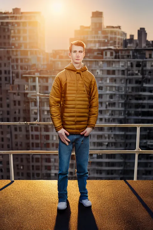 Image similar to un ultra high definition studio quality photographic art portrait of a young man standing on the rooftop of an apartment building wearing all eclectic soft padded clothing. three point light. extremely detailed. golden hour, golden ratio, ray tracing, volumetric light, shallow depth of field. set dressed.