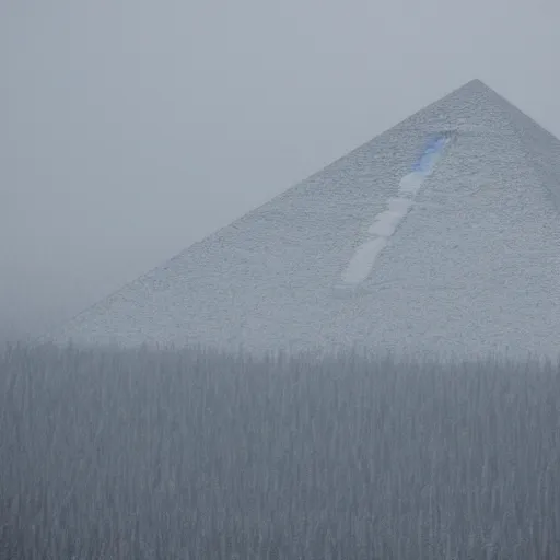 Image similar to a monolithic pyramid on the horizon in a taiga. overcast sky, snowing.