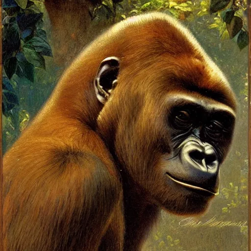 Image similar to highley detailed potrait of a gorilla, painting by gaston bussiere, craig mullins, j. c. leyendecker, lights, art by ernst haeckel, john william godward, hammershøi,