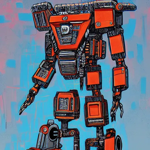 Image similar to realistic combat mecha in the style of jean - michel basquiat, beeple, junji ito, metal shaded