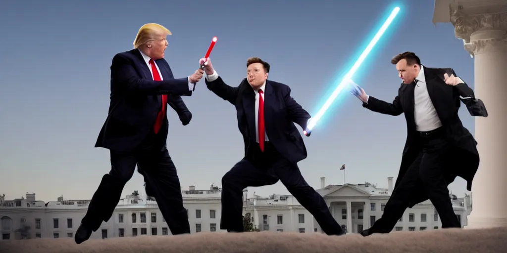 Image similar to a professional cinematic photo of donald trump vs elon musk, lightsaber dueling on top of white house. extremely high fidelity. key light.