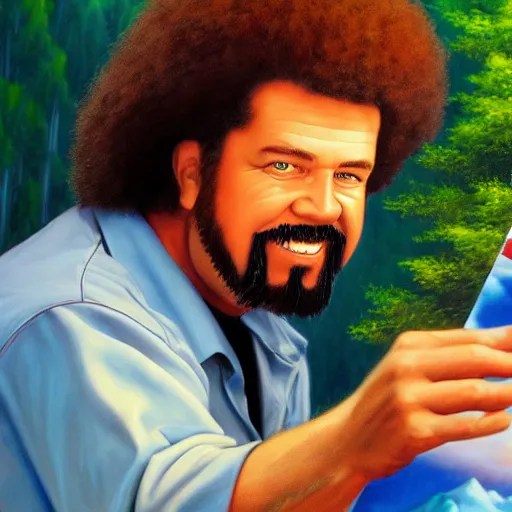 Image similar to a closeup photorealistic photograph of bob ross polishing a canvas painting of kenny powers. mountains and trees. film still. brightly lit scene. this 4 k hd image is trending on artstation, featured on behance, well - rendered, extra crisp, features intricate detail, epic composition and the style of unreal engine.