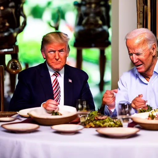 Image similar to Trump and Biden having dinner at a fancy Balinese restaurant, award winning photography, sigma 85mm Lens F/1.4, blurred background, perfect faces