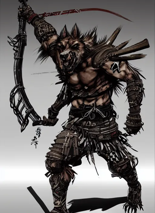 Prompt: Full body portrait of a scarred gnoll with ornate shinobi apparel. In style of Yoji Shinkawa and Hyung-tae Kim, trending on ArtStation, dark fantasy, great composition, concept art, highly detailed, dynamic pose.
