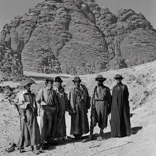 Image similar to ultra detailed photorealistic sepia - toned photo from 1 9 1 7, clean - shaven british soldiers standing with bedouin traders in traditional arab garb, at an archaeological dig site in wadi rum, ultra realistic, painted, intricate details, lovecraft, atmospheric, dark, horror, brooding, highly detailed, by clyde caldwell