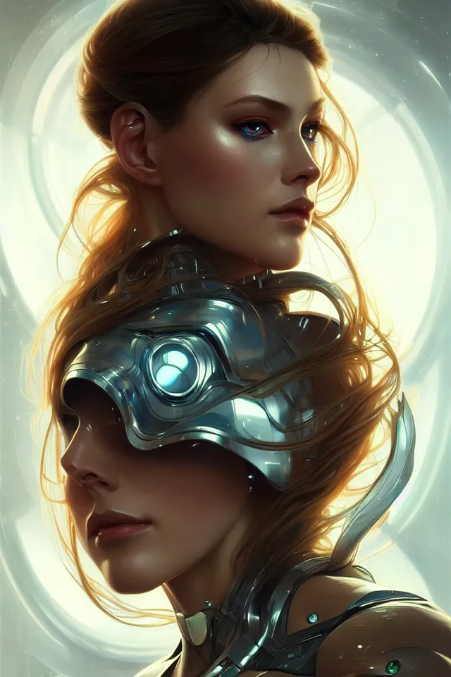 Image similar to futuristic close-up woman portrait, sci-fi, amber eyes, face, long hair, fantasy, intricate, elegant, highly detailed, digital painting, artstation, concept art, smooth, sharp focus, illustration, art by artgerm and greg rutkowski and alphonse mucha