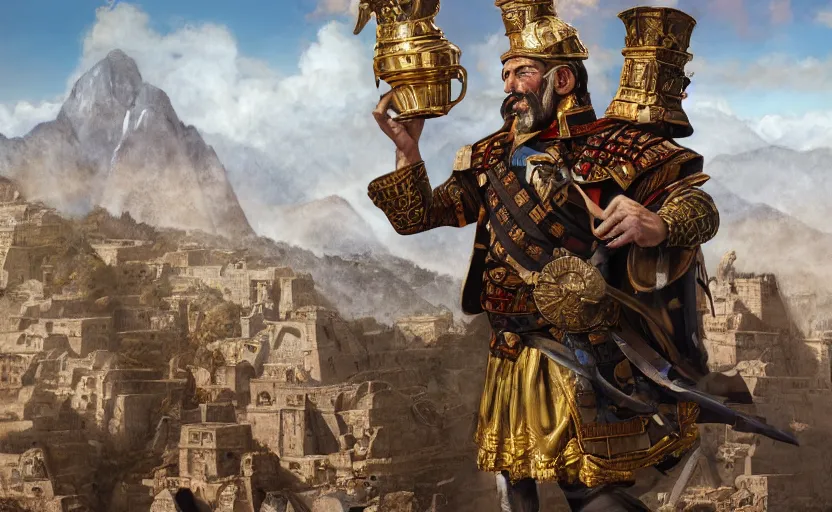 Image similar to smiling spanish conquer soldier francisco pizarro holding golden cup on a inca temple, wide view, high detailed, full perfect, symmetrical portrait, high detail, by craig mullins, peter mohrbacher, unreal engine, octane rendered, 8 k, dark beauty, trending on artstation