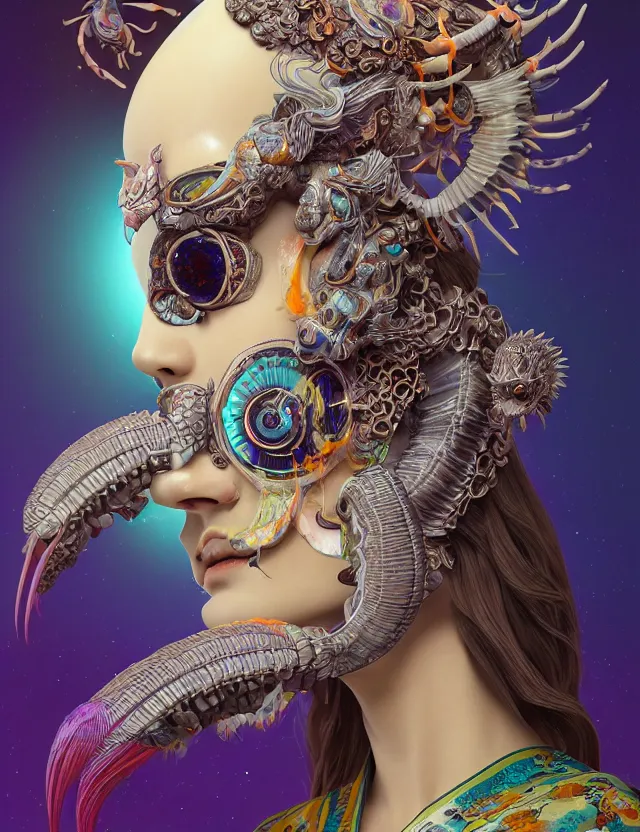 Image similar to 3 d goddess close - up profile solarpunk portrait ram skull. beautiful intricately detailed japanese crow kitsune mask and clasical japanese kimono. betta fish, jellyfish phoenix, bio luminescent, plasma, ice, water, wind, creature, artwork by tooth wu and wlop and beeple and greg rutkowski