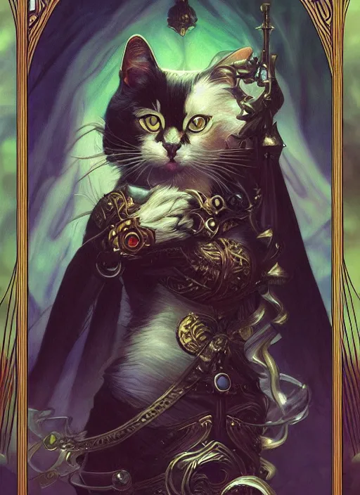 Prompt: photography of a cat tarot card, deep focus, d & d, fantasy, intricate, elegant, highly detailed, digital painting, artstation, concept art, matte, sharp focus, illustration, hearthstone, magic the gathering, art by artgerm and greg rutkowski and alphonse mucha