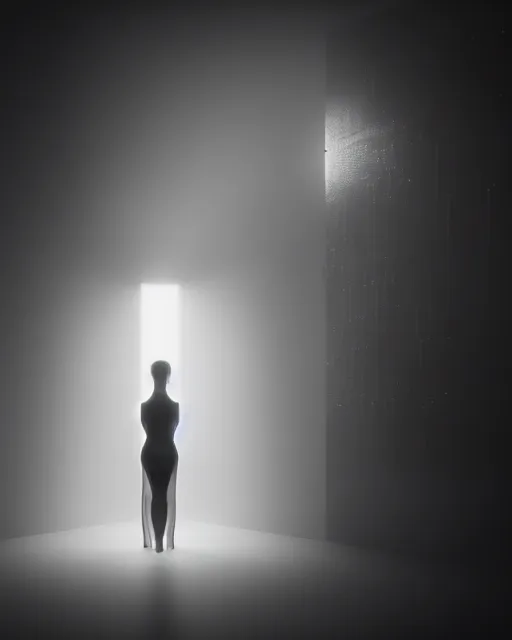 Image similar to black and white high quality photo of a beautiful female AI vegetal-cyborg looking into a sci-fi mirror, volumetric lighting, liminal space, brutalism, foggy, dreamy, hyperdetailed, bokeh, photorealistic, cinematic, masterpiece, elegant, dark, by Man Ray in the style of Horst P. Horst, octane render, 8K,