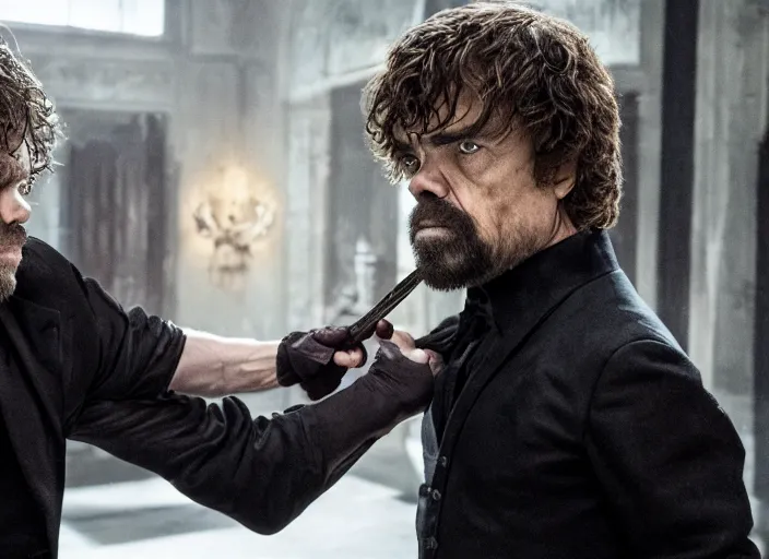 Prompt: peter dinklage knife fighting willem dafoe, movie still, from the new john wick movie, 8 k, realistic