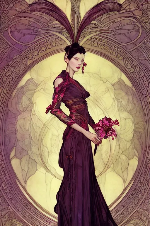 Image similar to full length portrait of a beautiful mysterious chinese fairy holding bouquet of flowers by eve ventrue, michael carson, andreas rochas, john watkiss, casey weldon, artgerm. art nouveau. tarot card by mucha. gloomhaven. swirly intricate linework background. gaudy colors, sharp edges. octane render