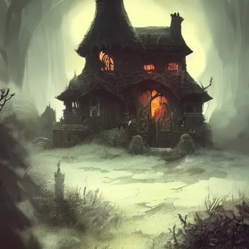 Image similar to a witch's house, fantasy art, in the style of greg rutkowski, illustration, epic, fantasy, cinematic, intricate, hyper detailed, artstation, concept art, smooth, sharp focus, ray tracing