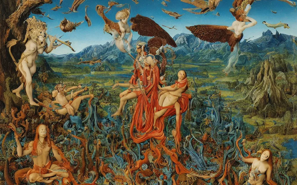 Prompt: a portrait photograph of a meditating harpy and a centaur king riding winged serpents and hugging animals at a river delta. surrounded by mushrooms, animals and trees. mountains range under a blue sky of burning stars. painted by jan van eyck, max ernst, ernst haeckel and ernst fuchs, cgsociety, artstation, fashion editorial, 8 k