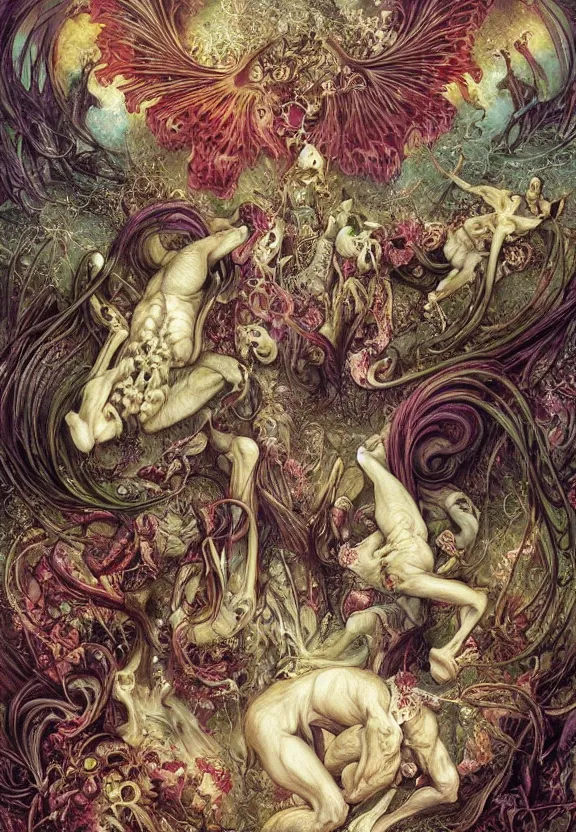 Image similar to simplicity, elegant, colorful muscular eldritch animals and bones radiating from fractal, orchids, flowers, mandala, white bones, by h. r. giger and esao andrews and maria sibylla merian eugene delacroix, gustave dore, thomas moran, pop art, chiaroscuro, biopunk, art nouveau