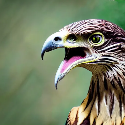 Image similar to hawk morphed with velociraptor, hybrid animal, sharp claws and beak, high quality picture taken in zoo