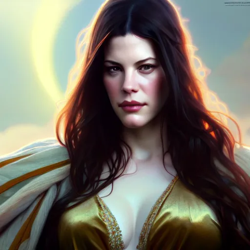 Image similar to beautiful digital painting of liv tyler background with high detail, 8 k, stunning detail, photo by artgerm, greg rutkowski and alphonse mucha, unreal engine 5, 4 k uhd