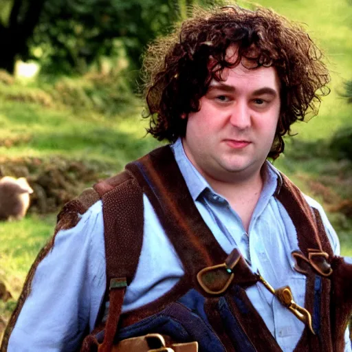 Prompt: frowning clean shaven pudgy British lad with short curly dark brown hair as a hobbit wearing a white men's crossbody sling chest bag and blue vest standing next to a giant rabbit, blue vest! white crossbody chestbag!! high resolution film still, movie by Peter Jackson