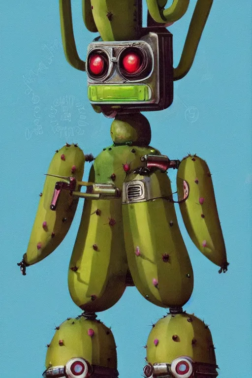 Prompt: long shot of a 1950s retro Cactus robot, with space above the head. Bionic cacti Arms and eyes. pop surrealism, muted colours. by Jean-Baptiste Monge, wide shot