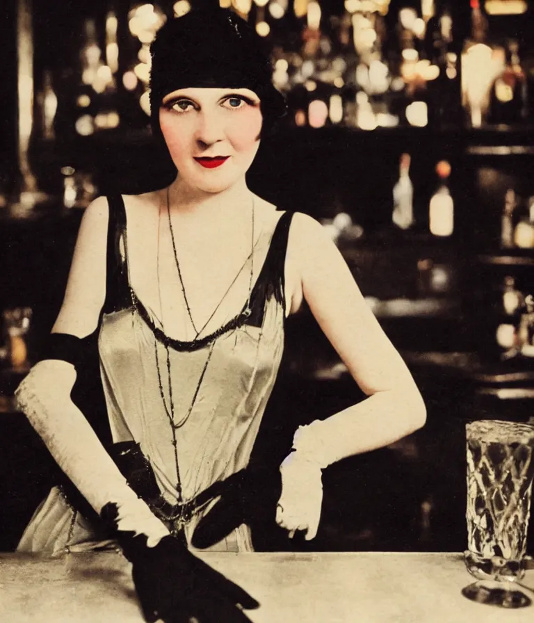 Image similar to close - up antique grainy colored photo of a 1 9 2 0 s short - haired flapper woman in black satin gloves sitting at a table and smirking seductively at the camera, in a crowded dimly lit speakeasy bar, jazz age, cohesive, 5 0 mm photography, precise, cinematic, low - lighting, photography