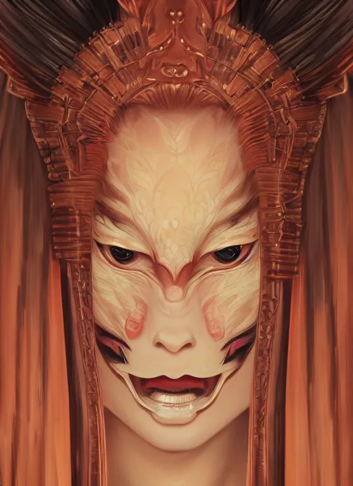 Image similar to a beautiful detailed oil on copper art illustration of a japanese kitsune samurai mask devil woman, centered, by charlie bowater, zeng fanzh, trending on artstation, dim dusk lighting, cinematic lighting, detailed lighting, volumetric lighting, realistic, f 8, 4 k hd wallpaper