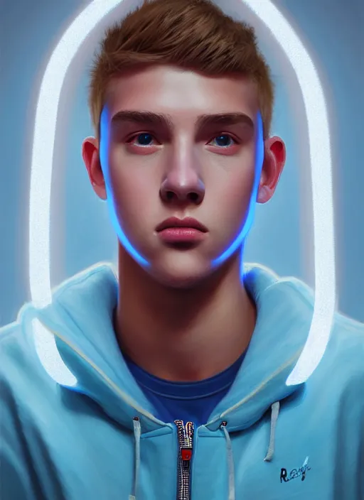 Image similar to portrait of high school senior boy named big moose, blonde short hair, jock, beefy, wide face, square jaw, square facial structure, blue varsity jacket with his name, intricate, elegant, glowing lights, highly detailed, digital painting, artstation, concept art, sharp focus, illustration, art by wlop, mars ravelo and greg rutkowski