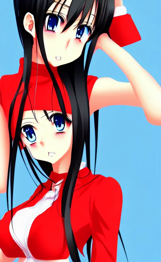 Image similar to anime girl in red outfit, detailed face, black hair, illustration