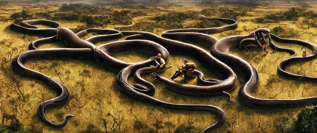 Prompt: a giant snake near a village, high detail, 8k, ornate, dark fantasy, maximalist, realistic, masterpiece, complex, WLOP, film still from the movie directed by Denis Villeneuve with art direction by Salvador Dalí