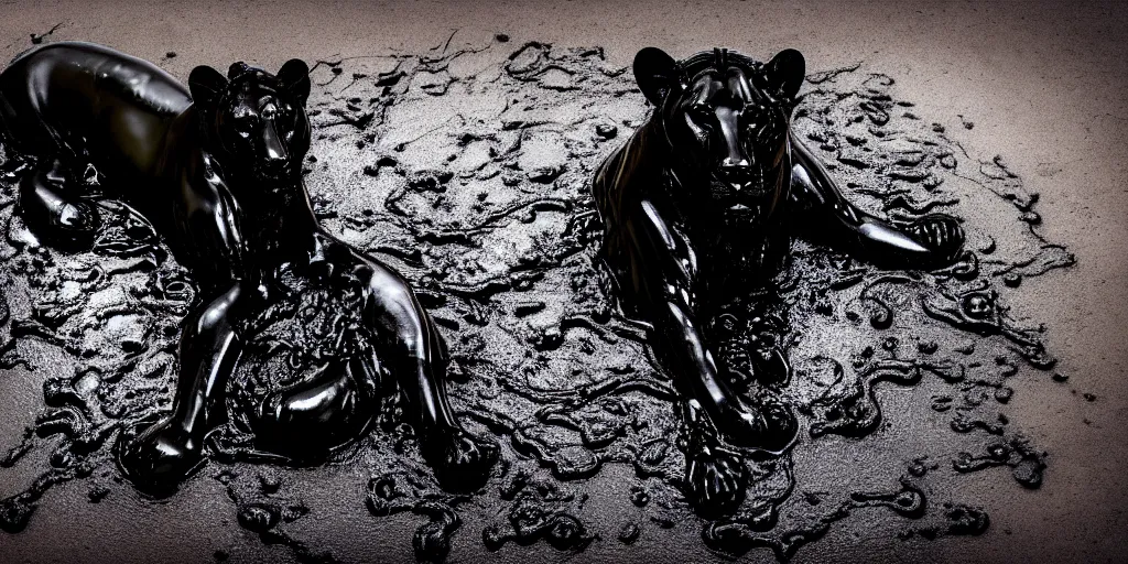 Image similar to the black lioness made of ferrofluid, laying on their back, bathing in a bathrub filled with tar, dripping tar, drooling goo, covered in slime, sticky black goo, dripping goo, sticky black goo. photography, dslr, reflections, black goo, rim lighting, cinematic light, tar pit, chromatic, saturated, slime, modern bathroom