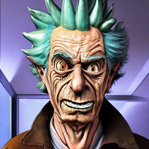 Prompt: 2 0 7 0 rick sanchez portrait in the background alien dimension : : photorealistic sci - fi detailed intricate face details ultradetailed ultra - realistic by hieronymus bosch