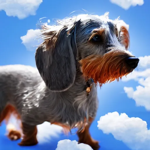 Image similar to an elderly, grey wire-haired dachshund floating in heaven, blue sky, surrounded by beautiful white clouds, with a halo