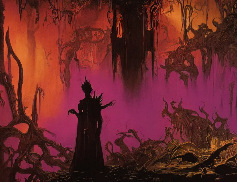 Prompt: a silhouette of a supernatural alien in baroque neoclassicist halls overgrown with colorful otherworldly technology. close - up view, detailed textures. glowing purple fog, dark black background. highly detailed fantasy science fiction painting by moebius, norman rockwell, frank frazetta, and syd mead. rich colors, high contrast