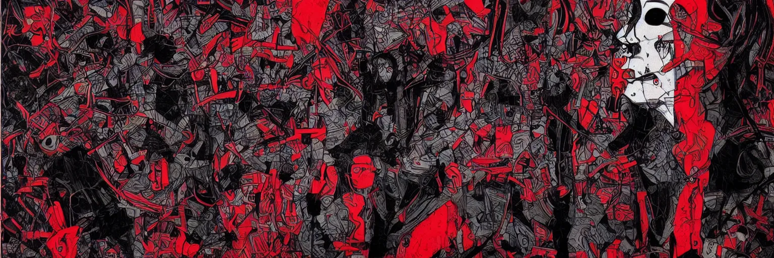 Image similar to paranoia man black and red colors radiohead, illustrator art by james jean