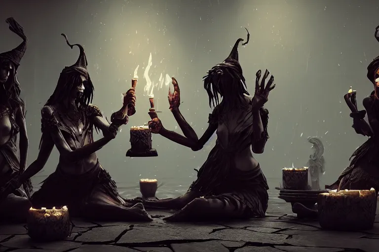 Image similar to dark witches doing a ritual. Ornate details, award winning, Octane render, 4k, 8k, unreal 5, very detailed, hyper control-realism, trending on artstation.”