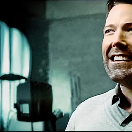 Image similar to A still of Ben Affleck's Batman smiling while eating an ice cream, 4k, ultra realistic, detailed, award winning